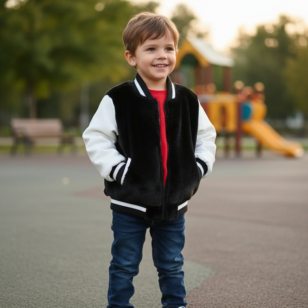 American‎ Widgeon Kids Faux Fur Varsity Bomber Jacket Black White Size 4